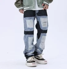 Men's Blue Black Denim Jeans Mixed Color Hipped Holes Pants Punk Motorcycle New