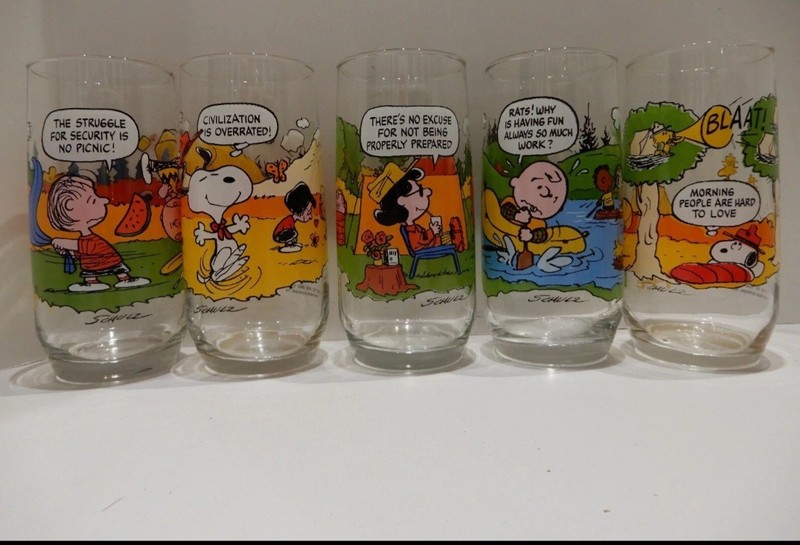 Complete Set Of (5) Vintage Camp Snoopy McDonalds Promo Glasses  1983 - Not Used