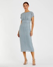 Mac Duggal 93649 Slate Blue Beaded Cap Sleeve Sheath Midi Dress Sz 12 NEW
