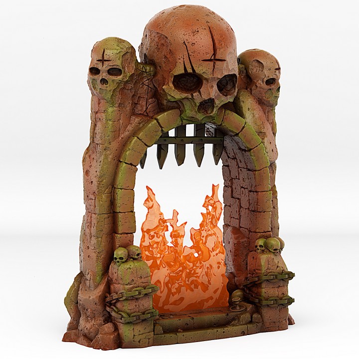 Portal de donjon miniature avec effet de feu en résine grise pour jeux de rôle
