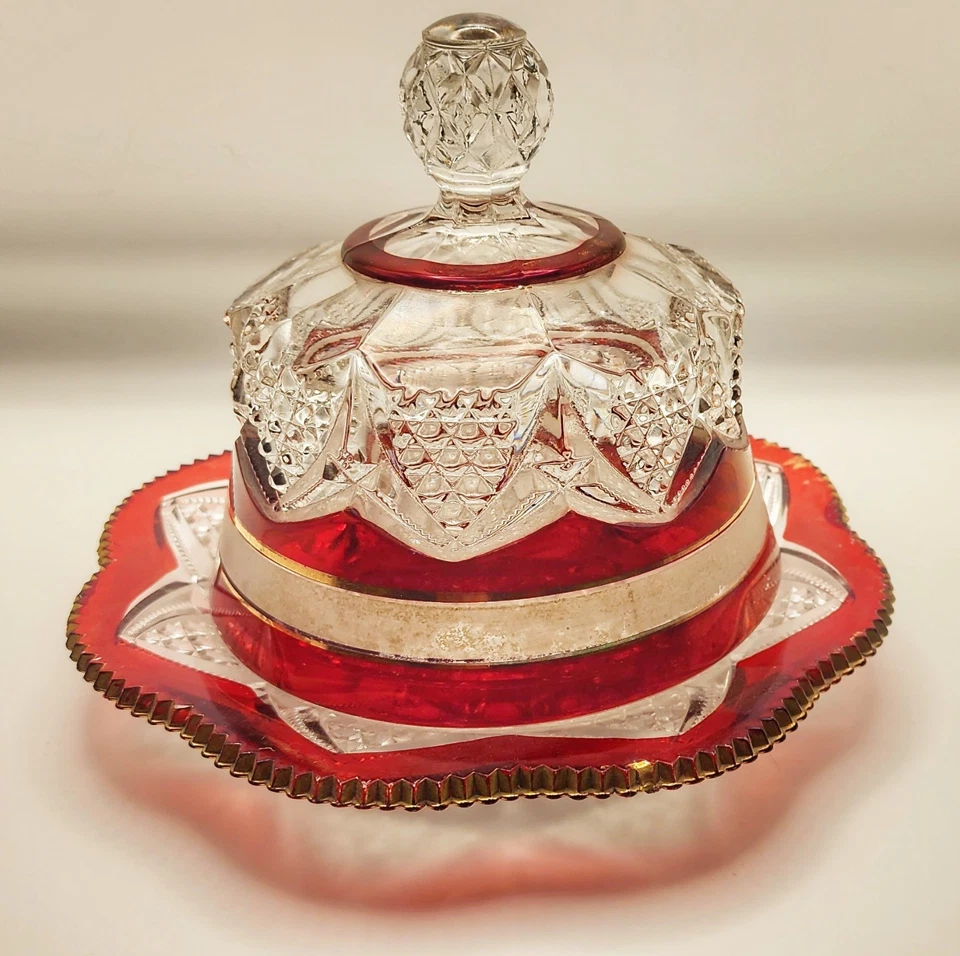 Antique EAPG Ruby Stain Flash Covered Butter Dish Starburst "To Mother" c. 1905 - Image 3 of 4