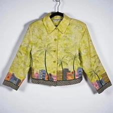 Anage Women's Tropical Cityscape Embroidered Lime Green Jacket Woman Small 1990s