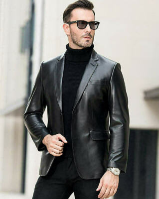 Men's Genuine Lambskin Leather Blazer Jacket Two Button Black Slim fit Coat 