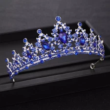 Blue Silver Tiara Bridal Crown Princess Queen Prom gift real metal diadem