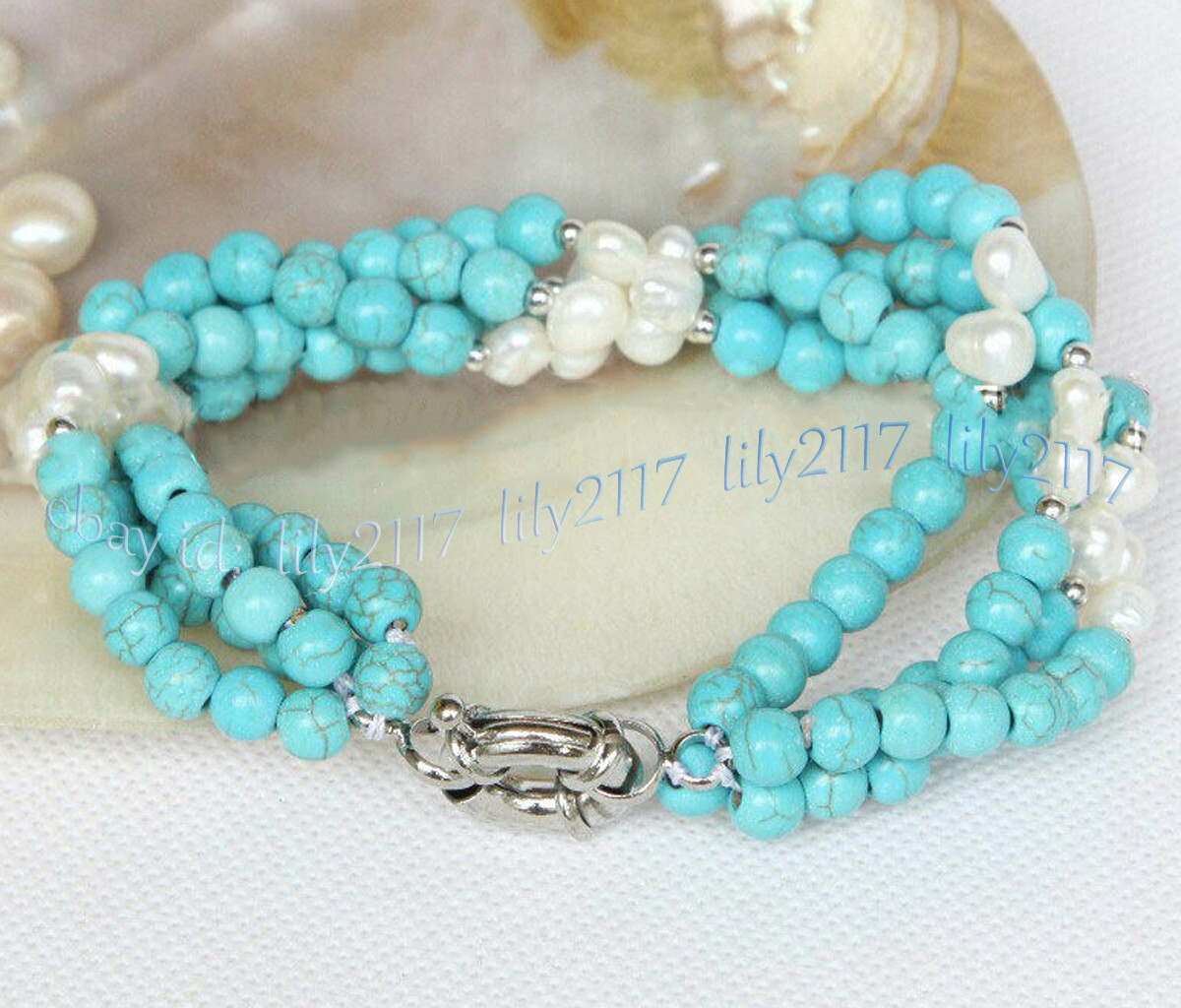 Genuine rows 6mm round blue turquoise gemstone white pearl