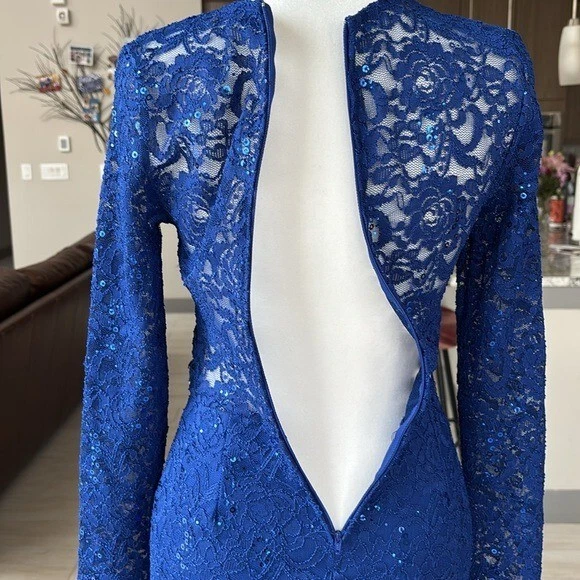 Vestido Trompeta Encaje La Scala Estilo 23550 Manga Larga Lentejuelas y Estrás Azul S Foto 4 de 4