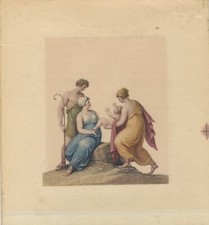 Vecchia stampa DUE GIOVANI DONNE CON NEONATO E UOMO