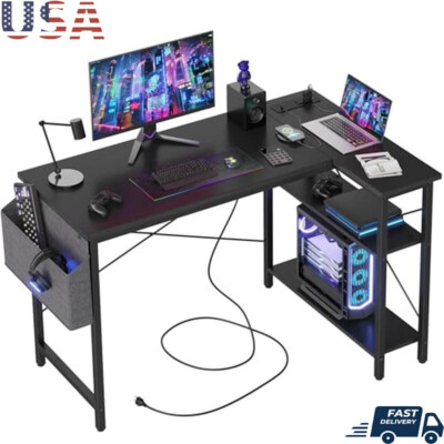 L Shaped Computer Desk W/ Power Outlets Small Corner Gaming Study Table Black US