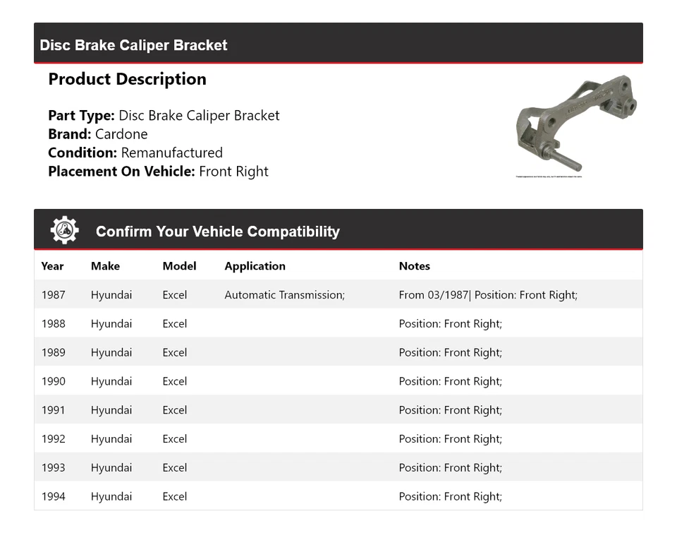 Soporte de pinza de freno de disco delantero derecho cardone 1988 para Hyundai Excel 1987-1994 Foto 2 de 4