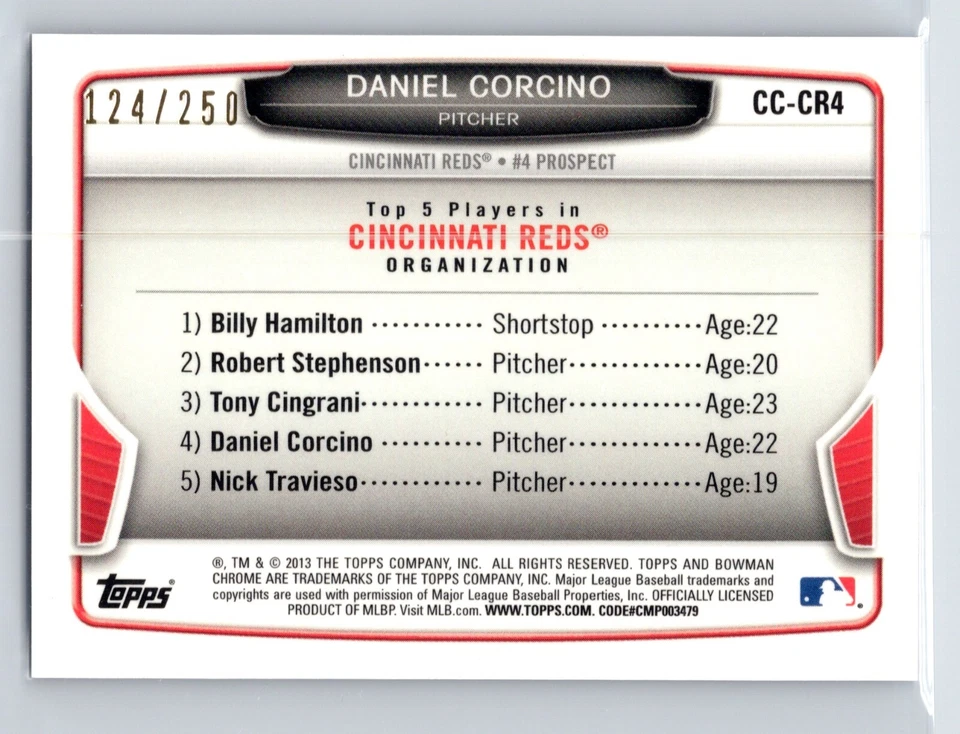 2013 Bowman Chrome Baseball  Mini Blue Refractor  124/250  #CR4 Daniel Corcino - Image 2 of 2