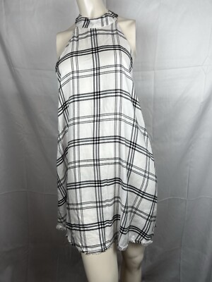 Mud Pie Clara Swing Dress White  Black Plaid  Halter  Fray Hem L NWT