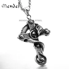 MENDEL Gothic Mens Dragon Skull Cross Pendant Necklace Stainless Steel Jewelry