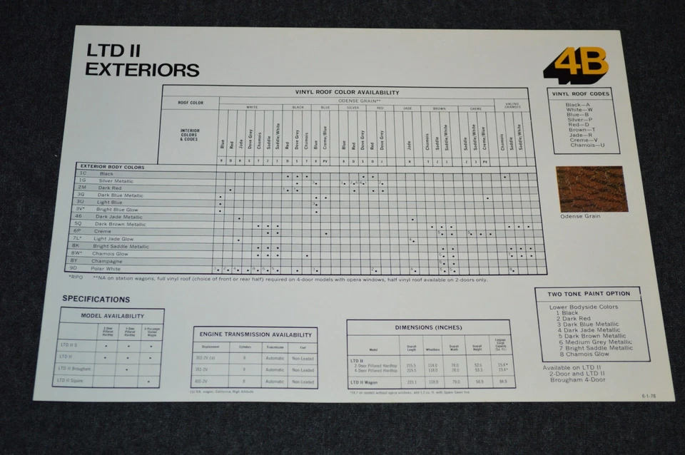 1977 FORD LTD II STATION WAGONS COMBINAÇÕES DE CÓDIGO DE COR SOMENTE REVENDEDOR FOLHA DE VENDAS - Imagem 2 de 2
