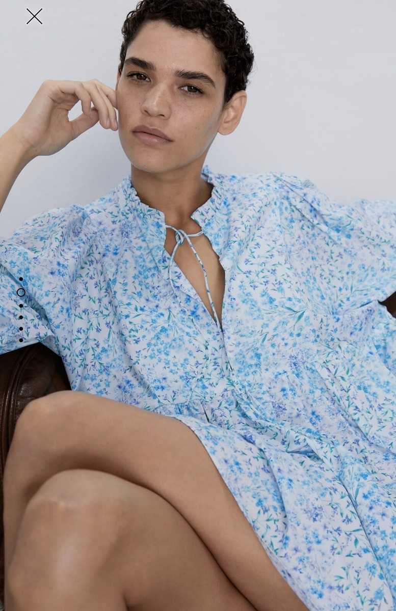 Robe Zara Surdimensionnée Imprimé Floral Bleu Et Blanc - Poplin Coton, Mini, Taille S Petite