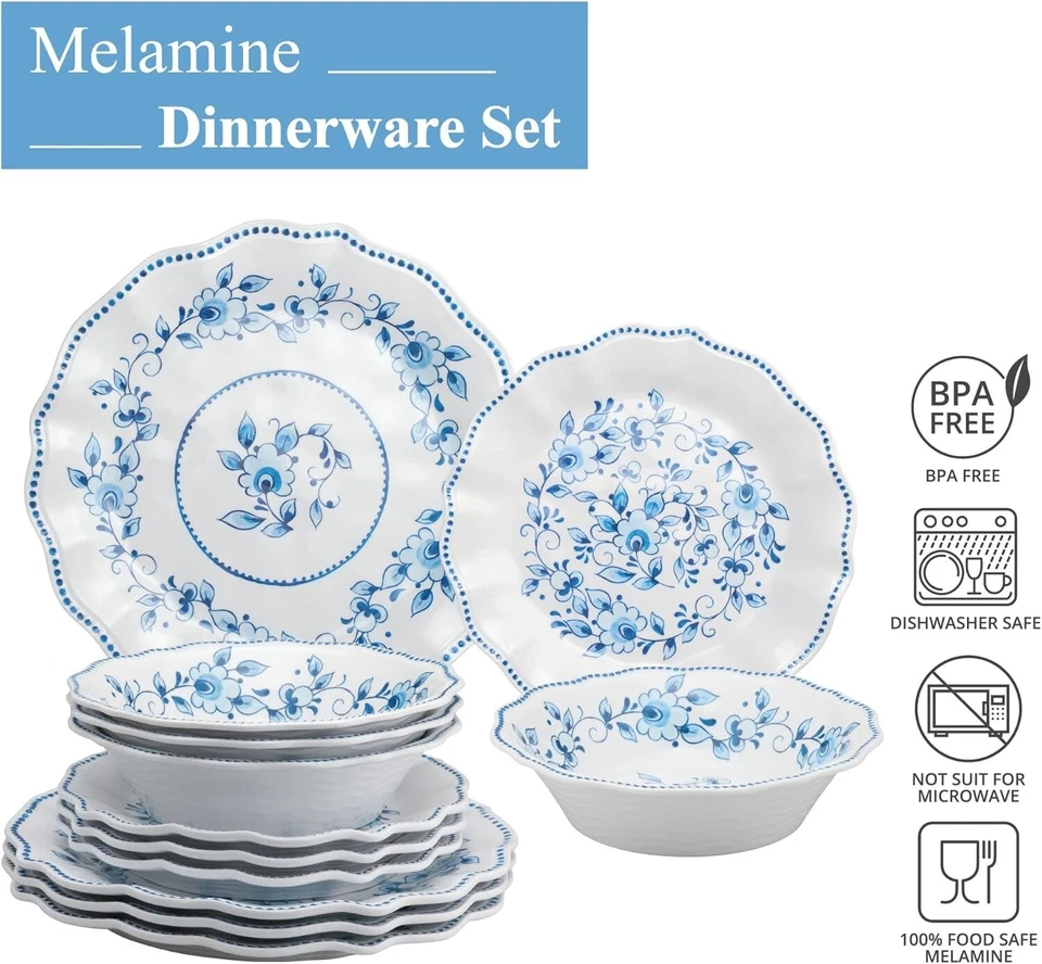 Juego de vajilla de melamina de 12 piezas, diseño azul y blanco, servicio para 4 Foto 4 de 4