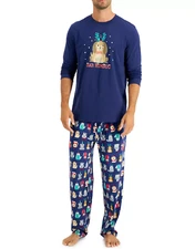 FAMILY PAJAMAS Men's 2-Piece Bah Humbug Dogs Pajama Set sz L Large Blue PJs