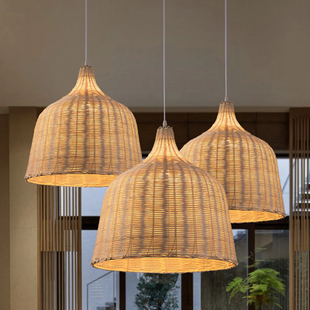 Boho Hand Woven Natural Bamboo Lampshades Hanging Ceiling Light Chandeliers E27