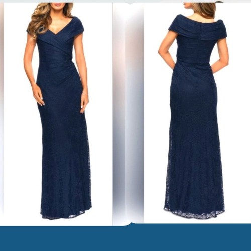 NUEVO Vestido Formal La Femme Talla 8 Azul Marino Encaje Lentejuelas Fuera del Hombro Manga Gorra - Imagen 1 de 11