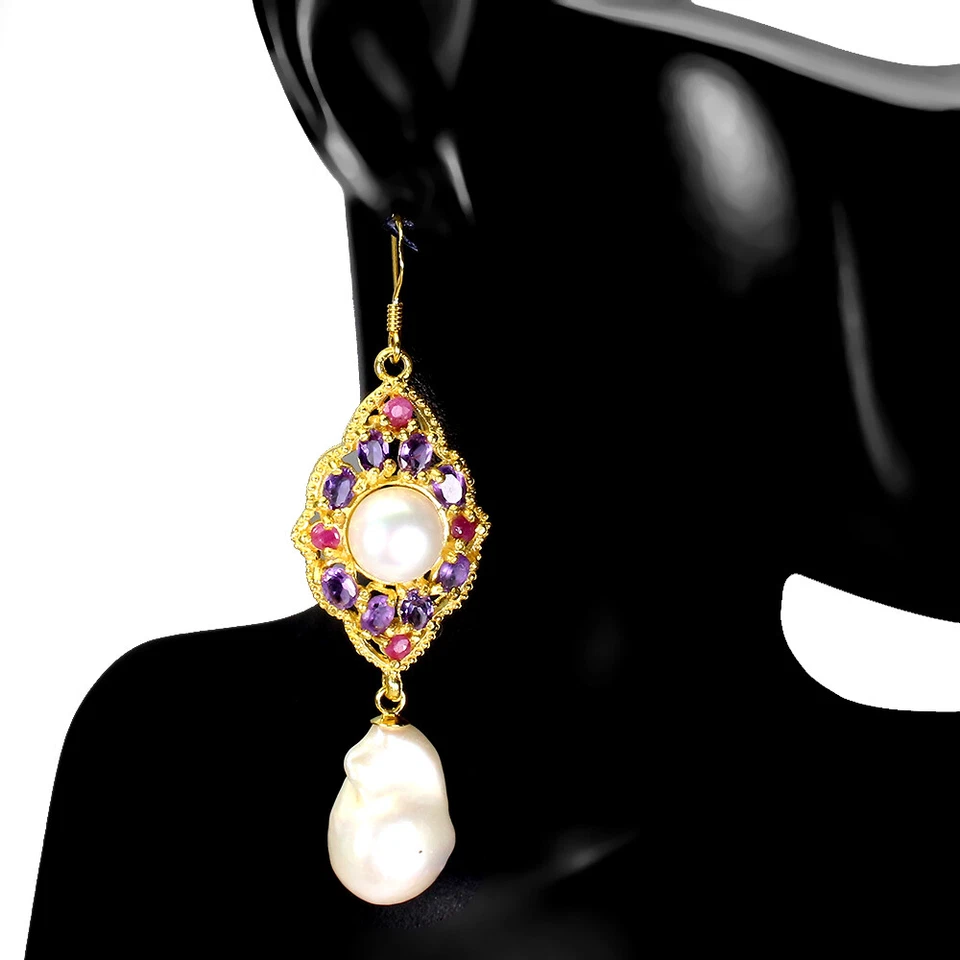 Estate 925 Orecchini Argento Ovale Ametista Rubino Perla Gemma Gioielli - Immagine 2 di 4