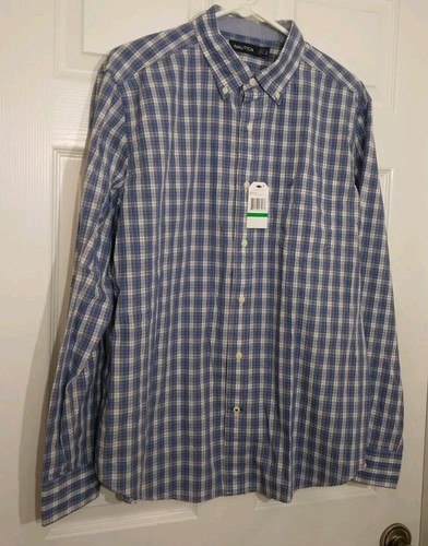Camicia uomo Nautica manica lunga con bottoni taglia grande blu a quadri 100% cotone - Foto 9 di 12