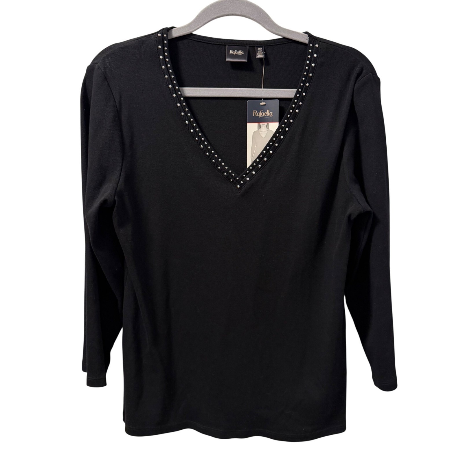 Rafaella Black V-Neck Top With Rhinestone Trim Long Sleeves Sz  L shirt. NWT
