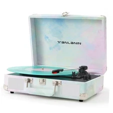 Watercolor Vinyl Record Player with Treble & Bass Control, Green Watercolor