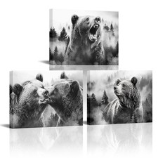 Rustic Forest Bear Portrait Prints Canvas Wall Art, Forest Wildlife Animals P...