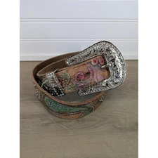 Nocona Belt Co Painted Rhinestone Studded Floral Paisley Leather Belt Medium