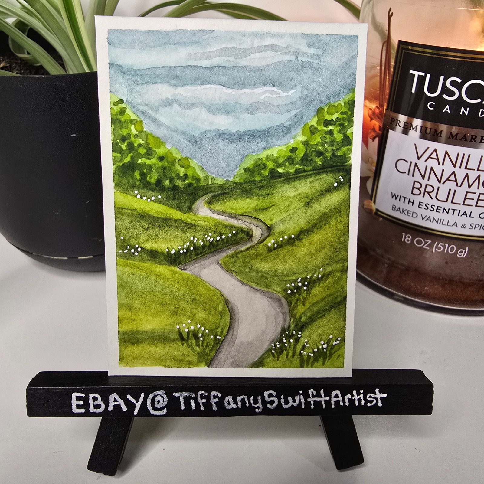 ACEO Original 2.5 x 3.5 inch watercolor landscape clouds grass wildflowers