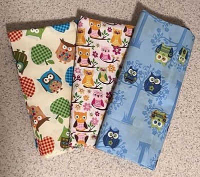 Lot of Three Half Yards Owl Fabric Blue in Trees Red Plaid Pink Green Floral NEW