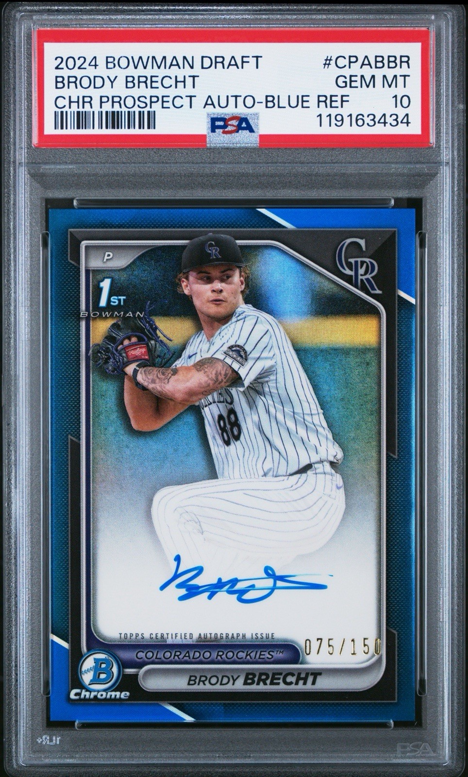 2024 Bowman Draft Brody Brecht Chrome M Auto True Blue Refractor /150 PSA 10