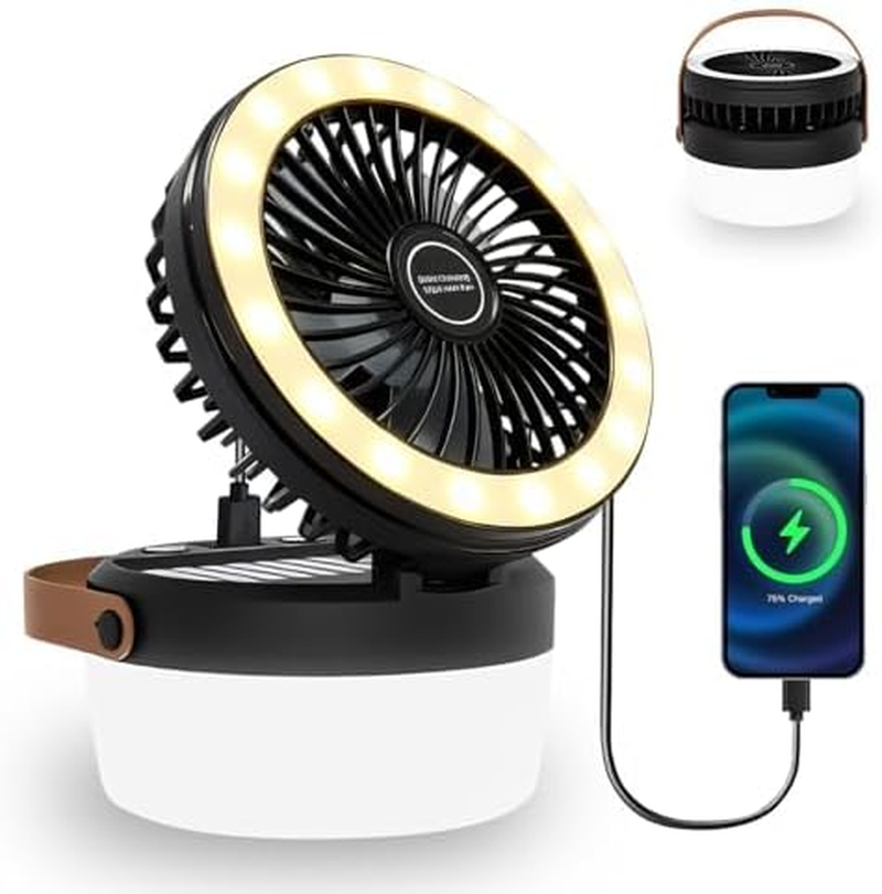 3-In-1 Camping Fan, Portable Solar Fan Rechargeable with LED Lantern, Battery Po