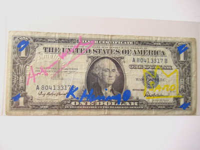 C) A. WARHOL/K. HARING/J. M.BASQUIAT: 1$ BANKNOTE 4x SIGNIERT, USPS 15.FEB 1977!