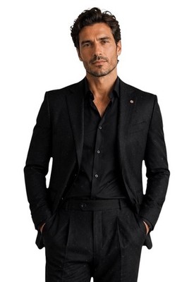 Designer Business Black Pinstripe Mens Suit Waist Pleated Trousers Fitted