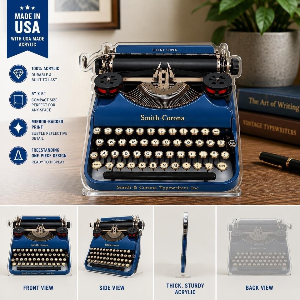A vivid blue acrylic typewriter sculpture — it's a collectible art object that captures the typewriter aesthetic without needing a ribbon change.