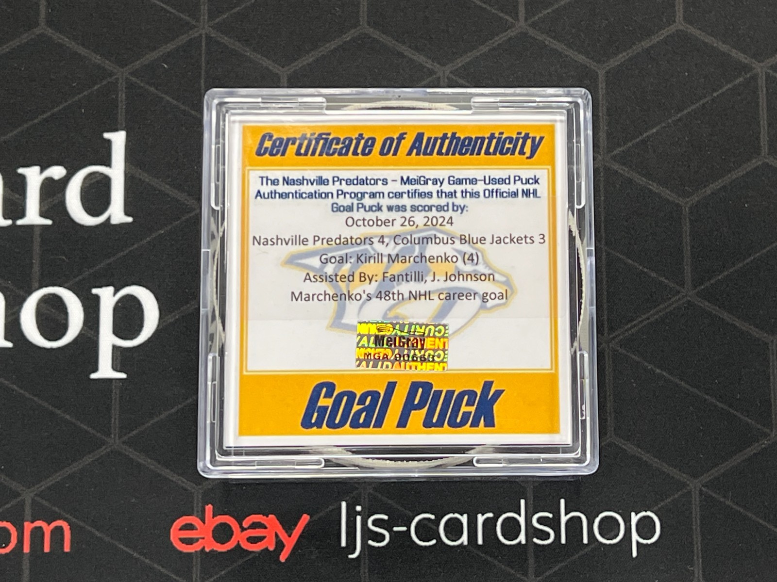 Kirill Marchenko Game-Used NHL Hockey Puck October 26, 2024 MeiGray COA B1