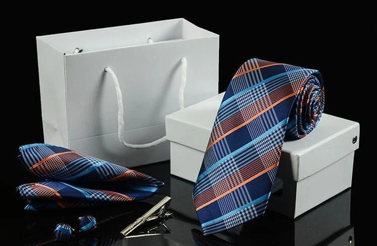 4 Set of Ties, Pocket Squares, Cufflinks, Tie Clips with Gift Box Wedding Groom - image 2 of 4