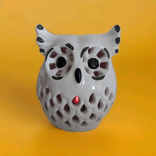 Handcrafted Ceramic Owl Lantern lights up red Figurine Cute Kitsch Snowy Owl - Picture 1 of 14