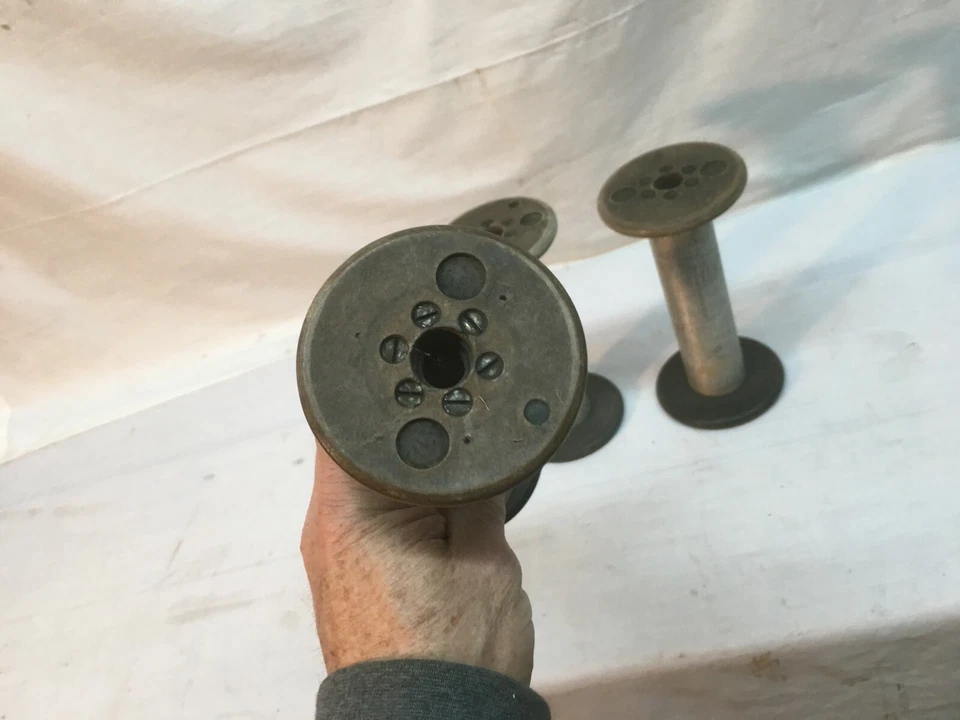 Large Vtg Aluminum Wood Industrial Factory Mill Bobbin Lot 3 Spools 6.5in tall - Image 3 of 4