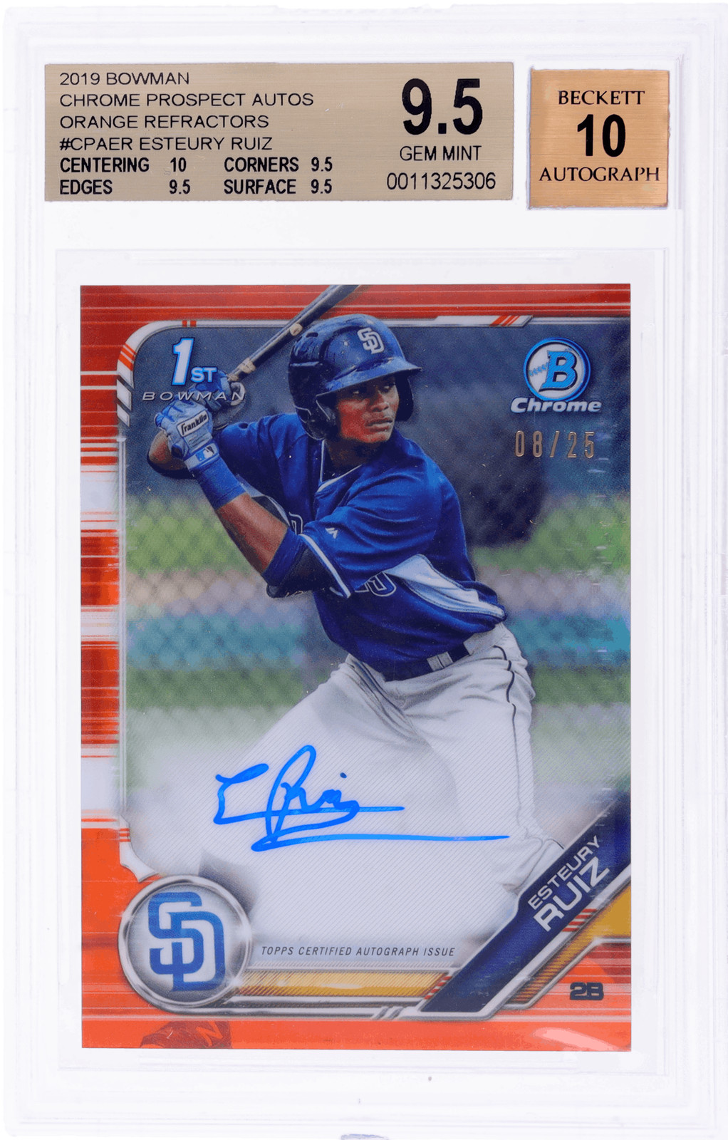 2019 Bowman Esteury Ruiz Chrome Prospect Auto Orange Refractor /25 BGS 9.5/10
