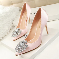 New Ladies Bridal Shoes Rhinestones Satin Fabric High Heels Party Pumps UK Size