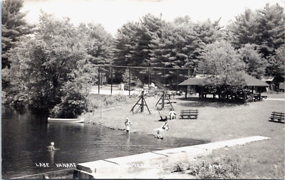 RPPC C1930 Lake Vanare Cabin Camp Luzerne New York Swimmers Tennis Court