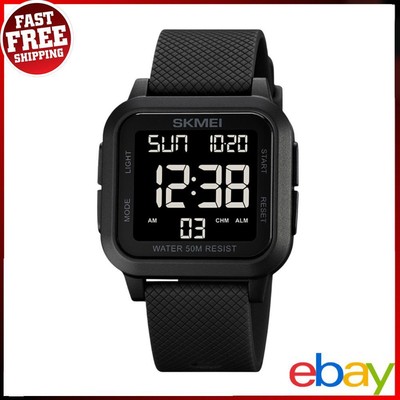 Herren Großes Gesicht Digitaluhr 50M Wasserdicht Dual Time LED Hintergrundbeleuchtung