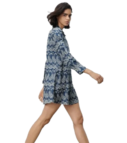 ZARA Ivy Embroidered Eyelet Shirt Dress Size M Chambray Blue White Button Down - Picture 5 of 14