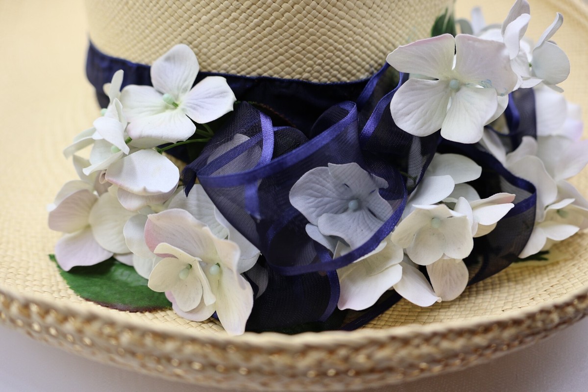 White Straw Hat with Blue Flowers/Navy Ribbon - Worn Once  display picture 3