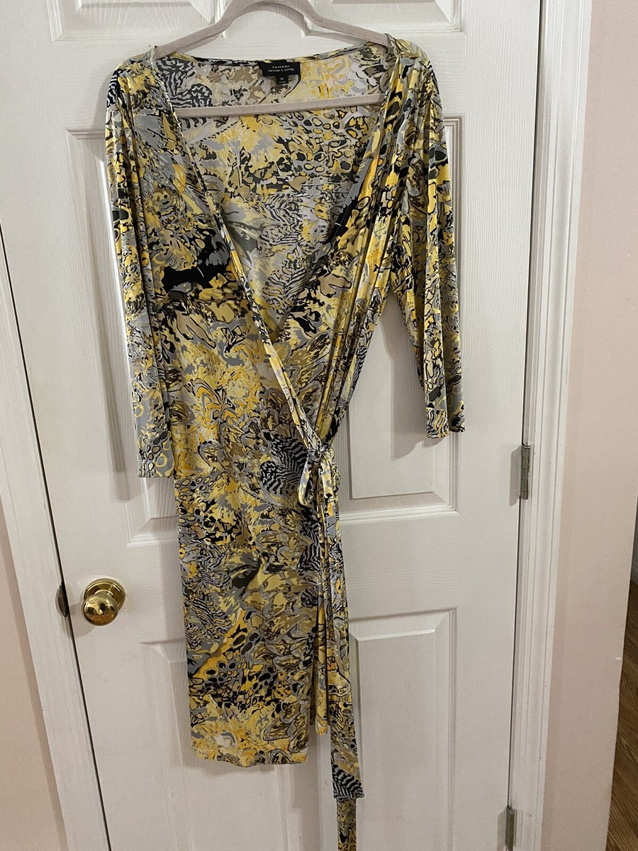 Tahari ASL Dress Womens 16 Yello Knotted Faux Wrap Sheath Business Office  Career