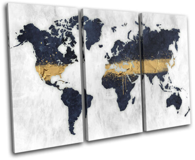 Modern Navy  Gold World Maps Flags TREBLE Leinwand Kunst Bild drucken