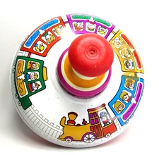 Vintage Ohio Art Metal Tin Spinning Top Train Theme Lithograph Bryan OH