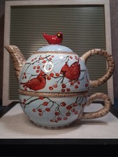 Cracker Barrel Susan Winget Cardinal Tea For One Teapot Bird Berries Winter Blue