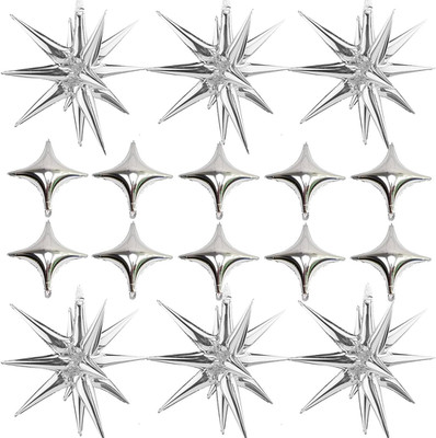 16 Stück Stern Folienballons - Silber mit 6Pcs Explosion Stern Ballon und 10Pcs